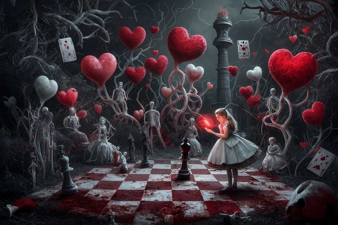 Surreal Chessboard Garden: A Dark Alice in Wonderland