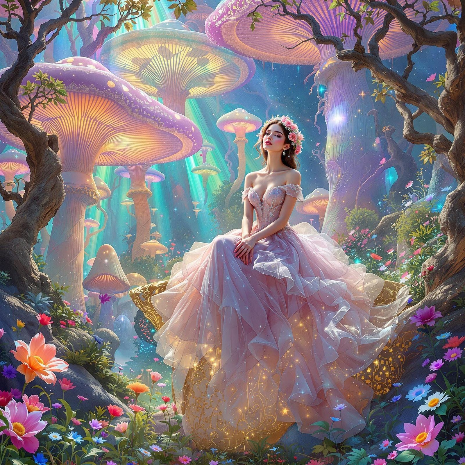 Whimsical Floral Goddess in a Dreamlike Wonderland Scene