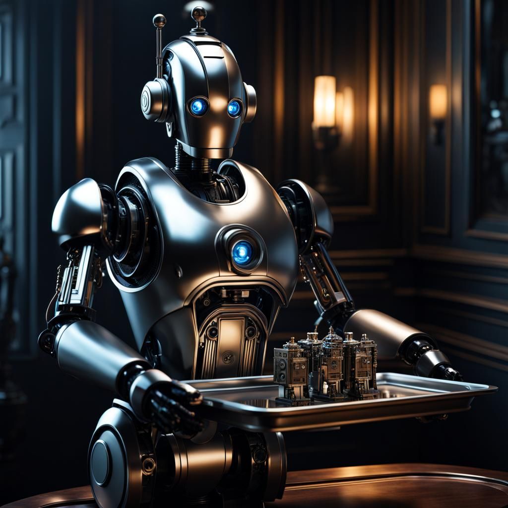 Cyberpunk Robot Butler with Mechanical Parts