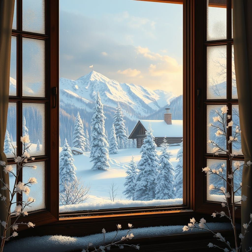 Winter Wonderland Scene in the Mountains, Cozy Window View