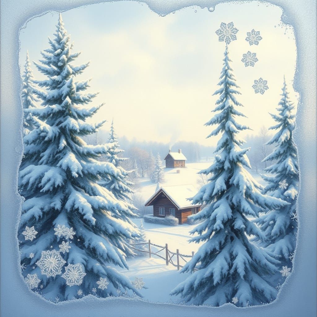 Winter Wonderland Through Frosty Glass, Snowy Evergreens, an...