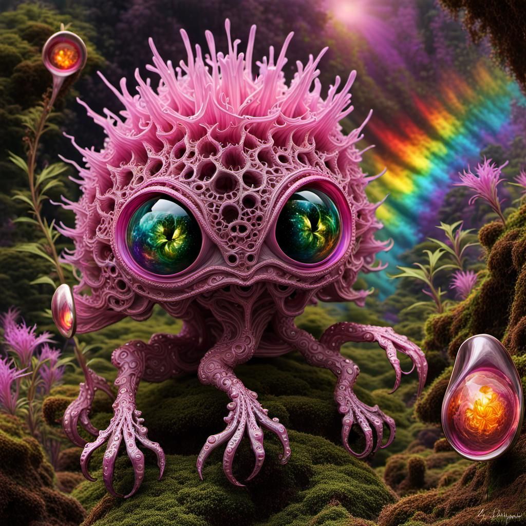 Baby Mandelbulb Alien in Rainbow Sunburst Forest