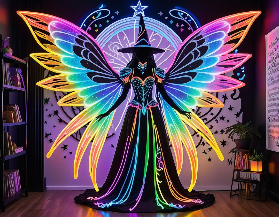 Majestic Neon Witch Statue with Fairy Wings