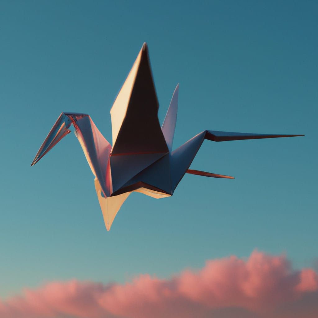 Origami Bird Soaring in a Clear Sky