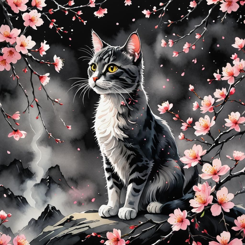 Whimsical Cat in Cherry Blossom Fantasy