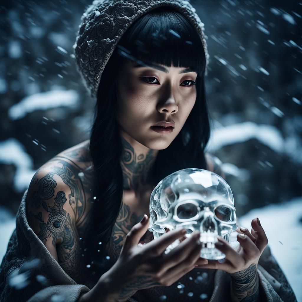 Tattooed Woman with Crystal Skull in Snowy Scene