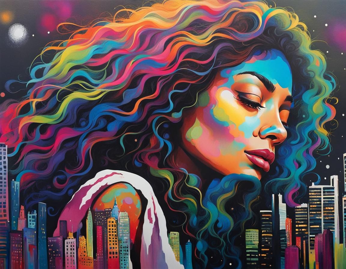 Woman with Curly Hair in Vibrant Cityscape