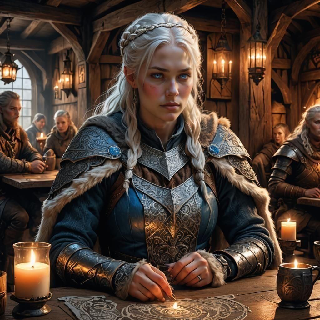 Viking Woman Portrait in Medieval Tavern, Detailed Digital A...