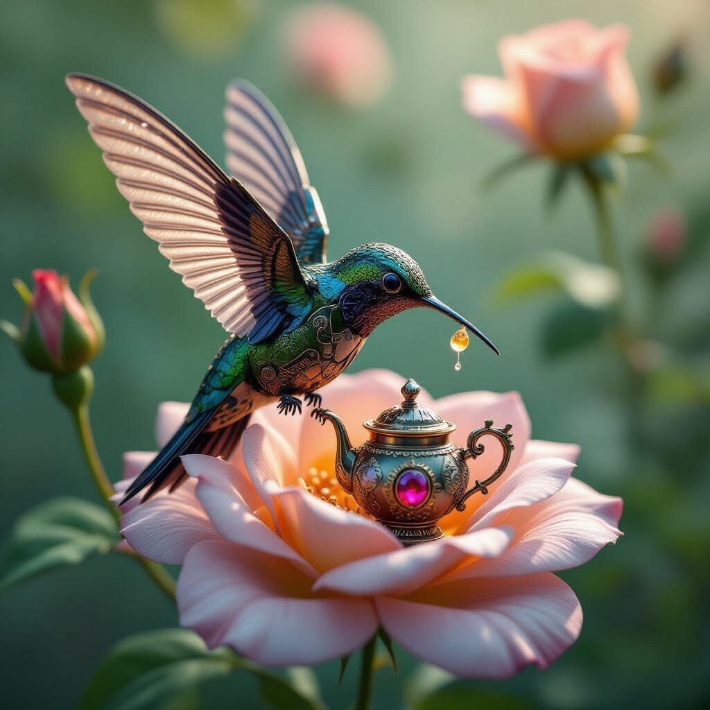 Steampunk Mechanical Hummingbird Sips from Jewel Teapot