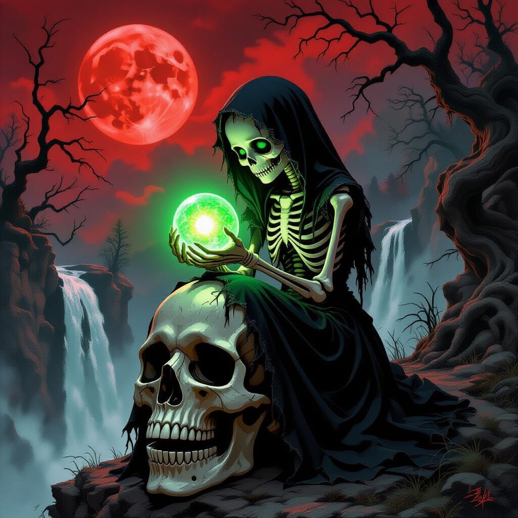 Skeletal Girl with Glowing Orb on Skull in Surreal Landscape