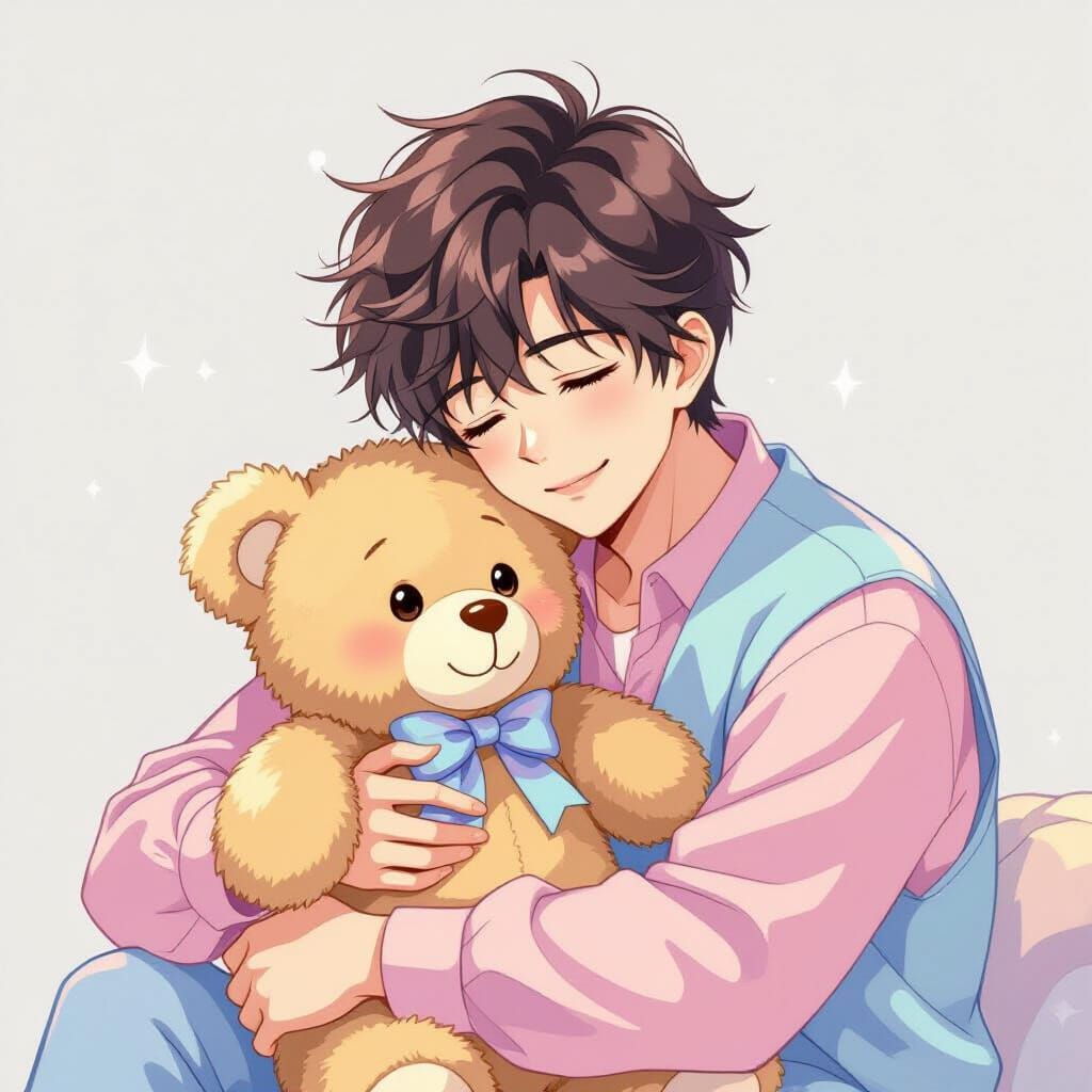 Anime Man Hugging Teddy Bear in Pastel Colors