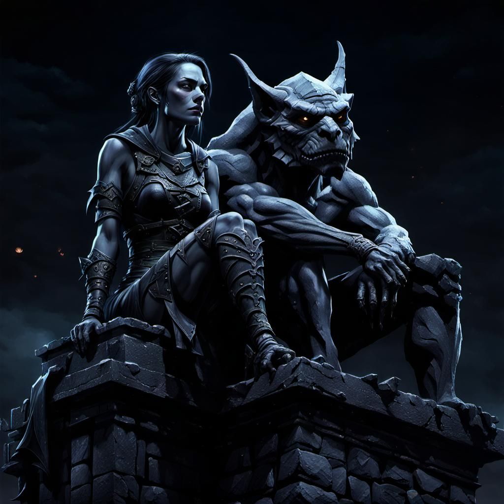 Gargoyle and Assassin Girl in Dark Fantasy Art