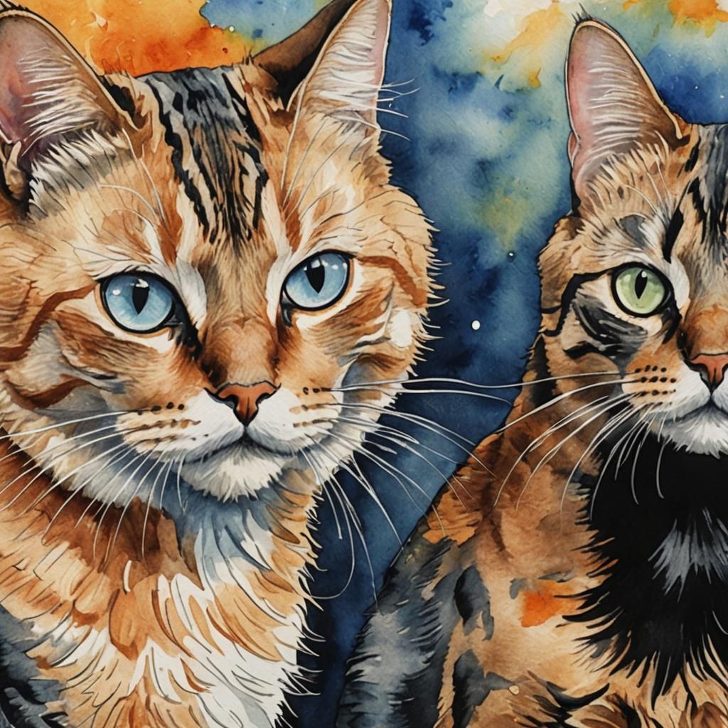 Orange Tabby and Black Cats in Watercolor Style