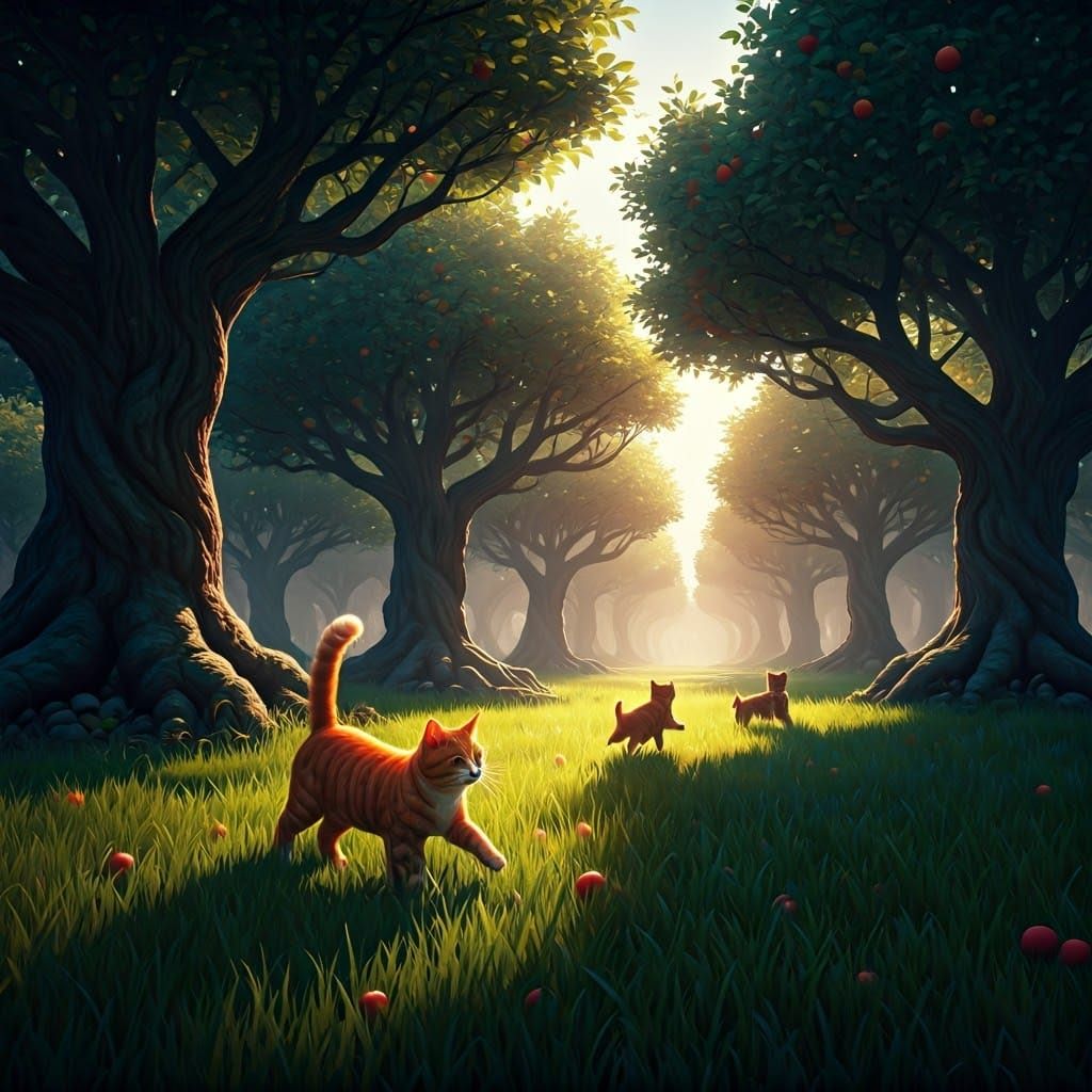 Ginger Cat Plays in Vibrant Apple Orchard
