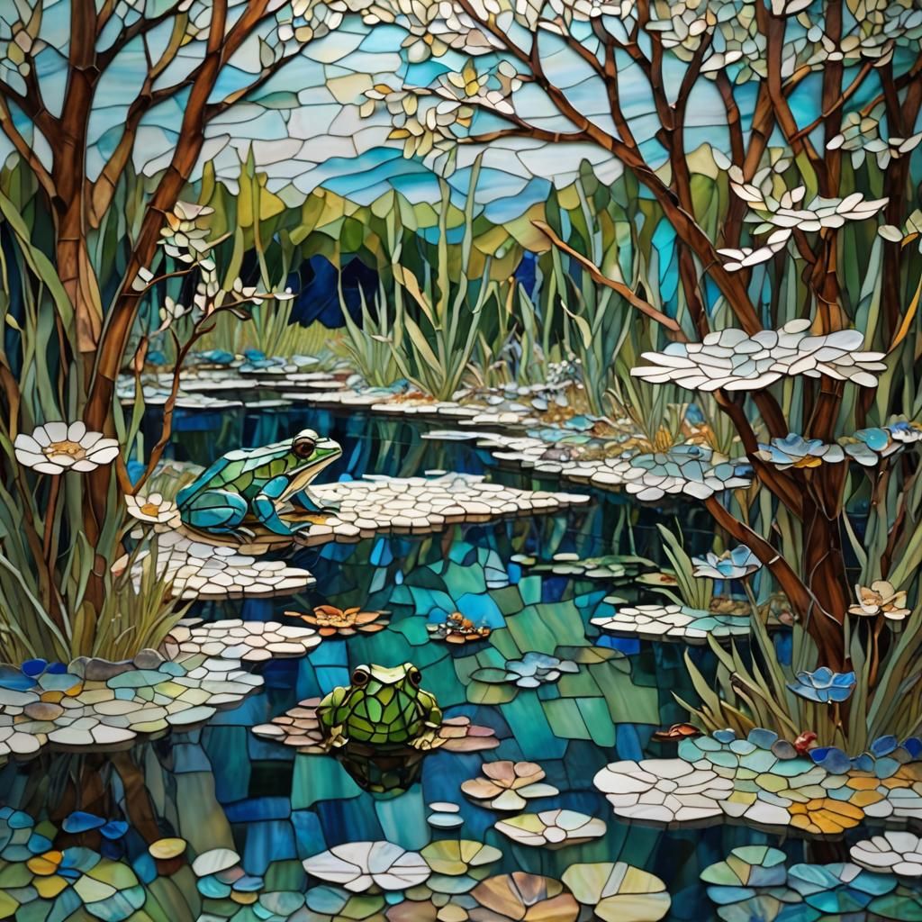 Opal Frog in Stained Glass Wetland Mosaic