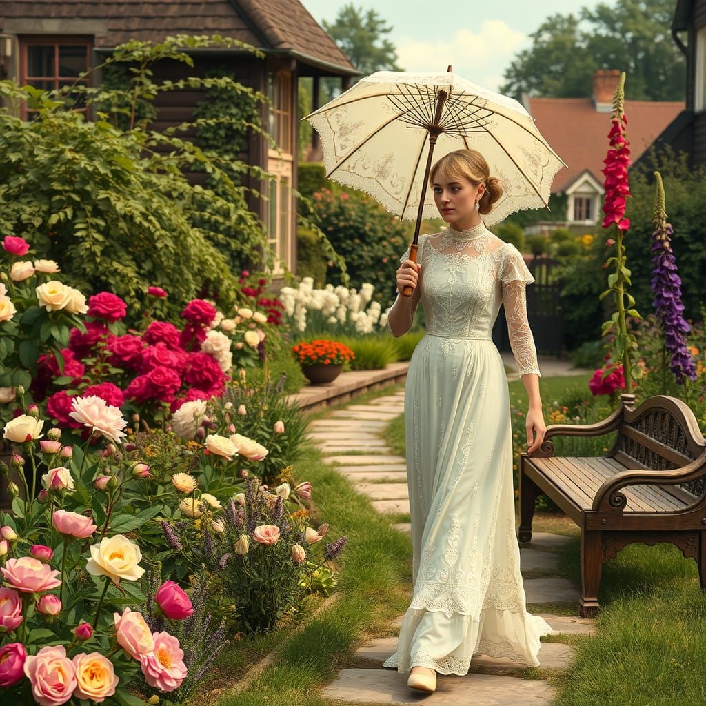 Edwardian Lady Strolls in Whimsical English Garden