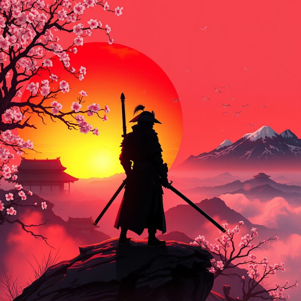 Samurai Warrior at Fiery Sunset: Ukiyo-e Inspired Digital Ar...