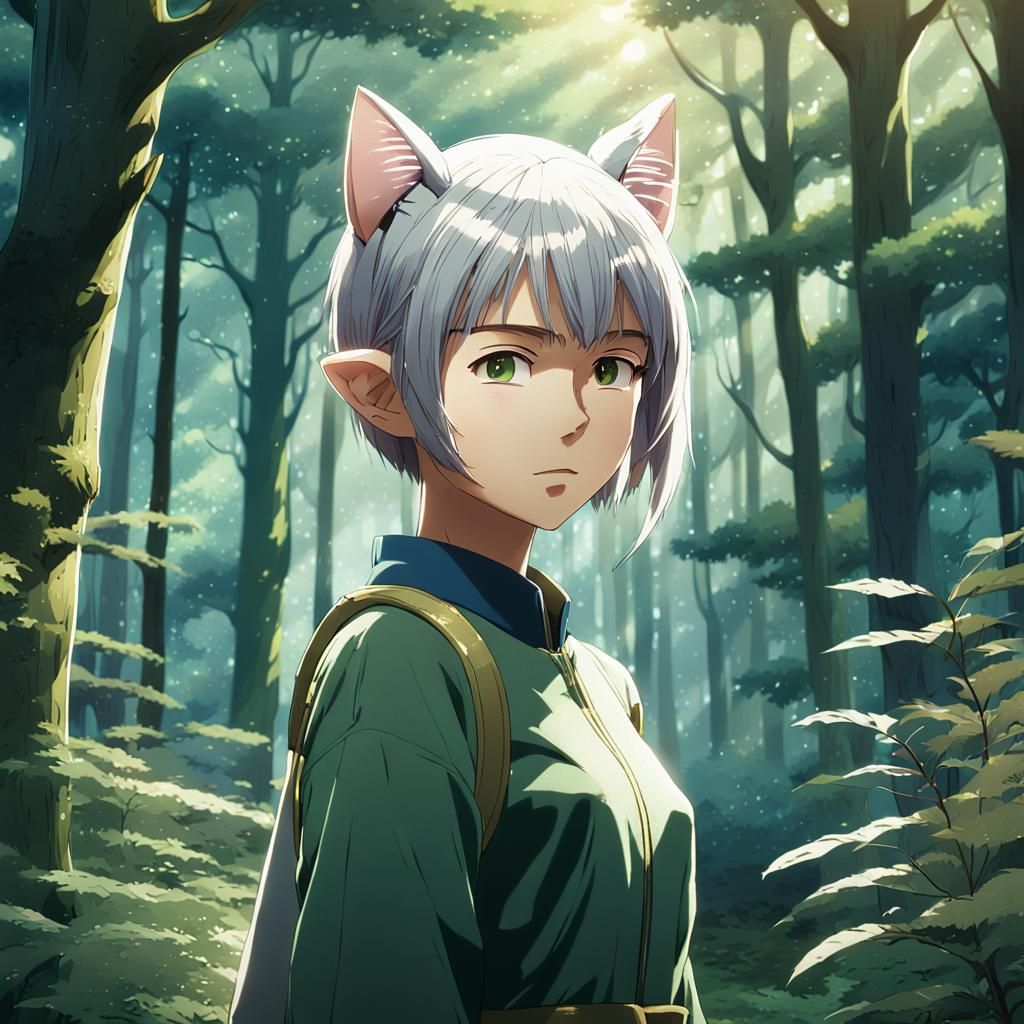 Anime Elf with Silver Hair in Forest