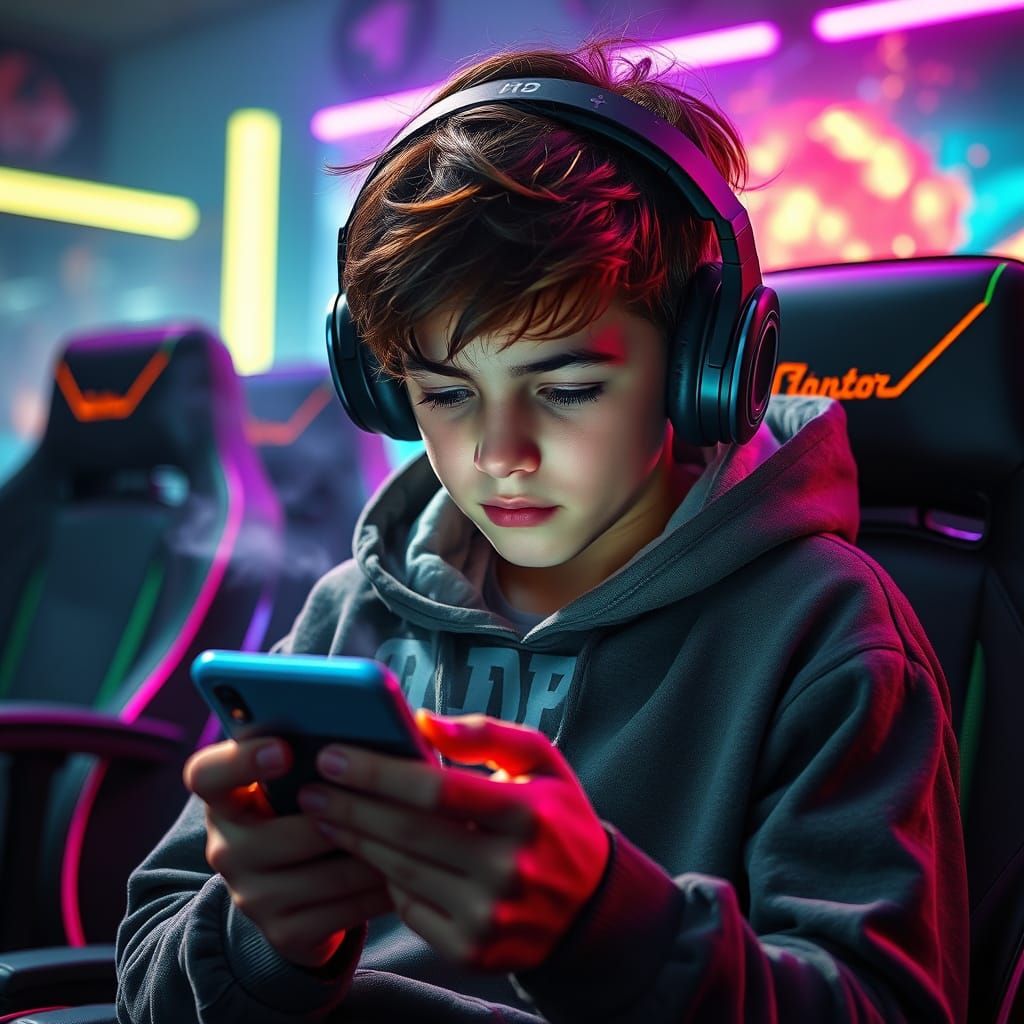 Intense Gamer in Cyberpunk Gaming Zone