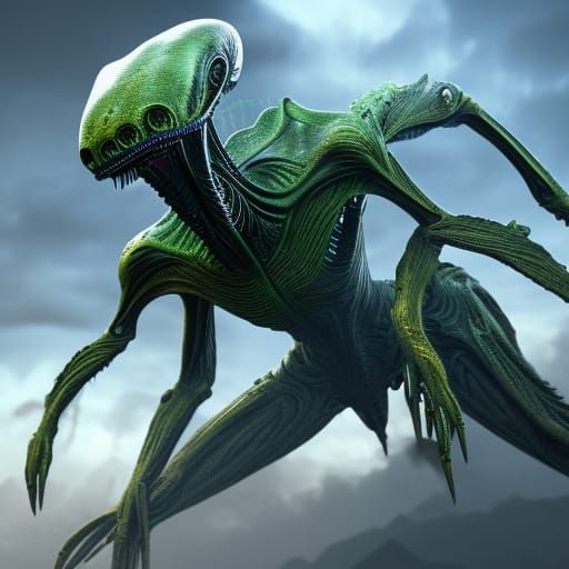 Green Eyed Alien Creature: Detailed Matte Painting