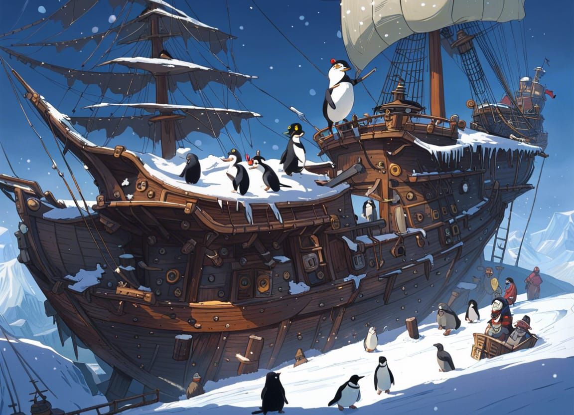 Pirate Penguins on Snow Ship, Studio Ghibli Style