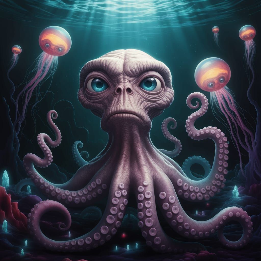 E.T. Octopus in Bioluminescent Deep Sea