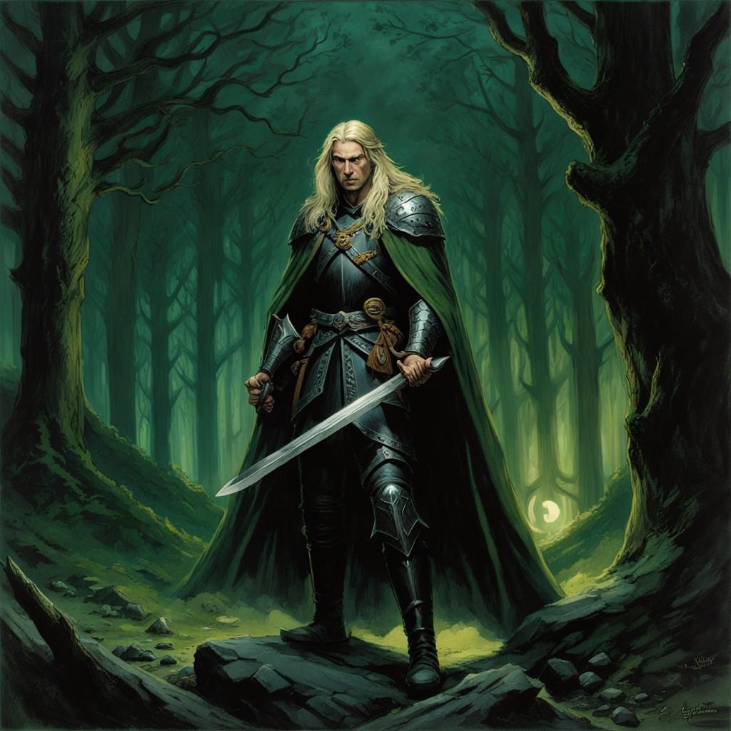 Half-Elf Warrior in Dark Forest, Doré-Inspired