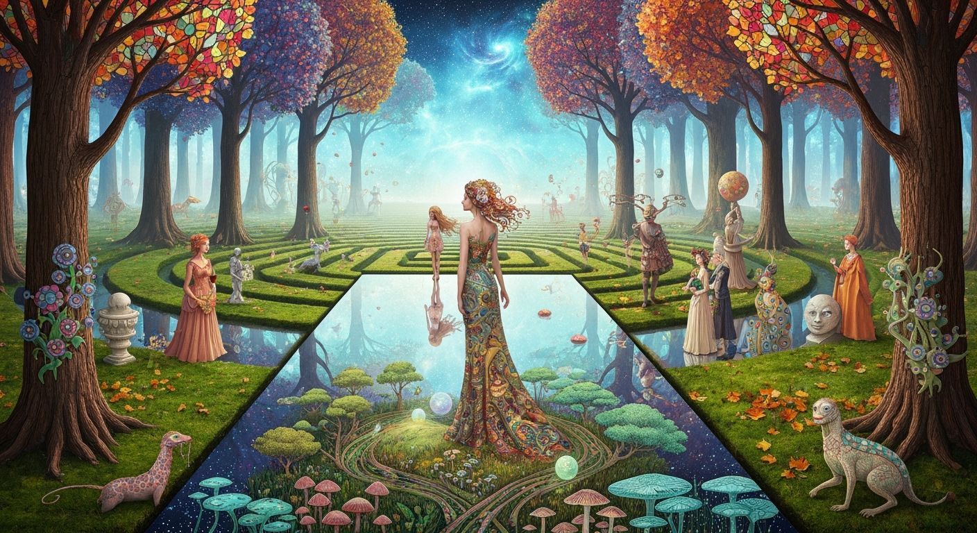 Stained Glass Forest Glade with Nebulae Sky