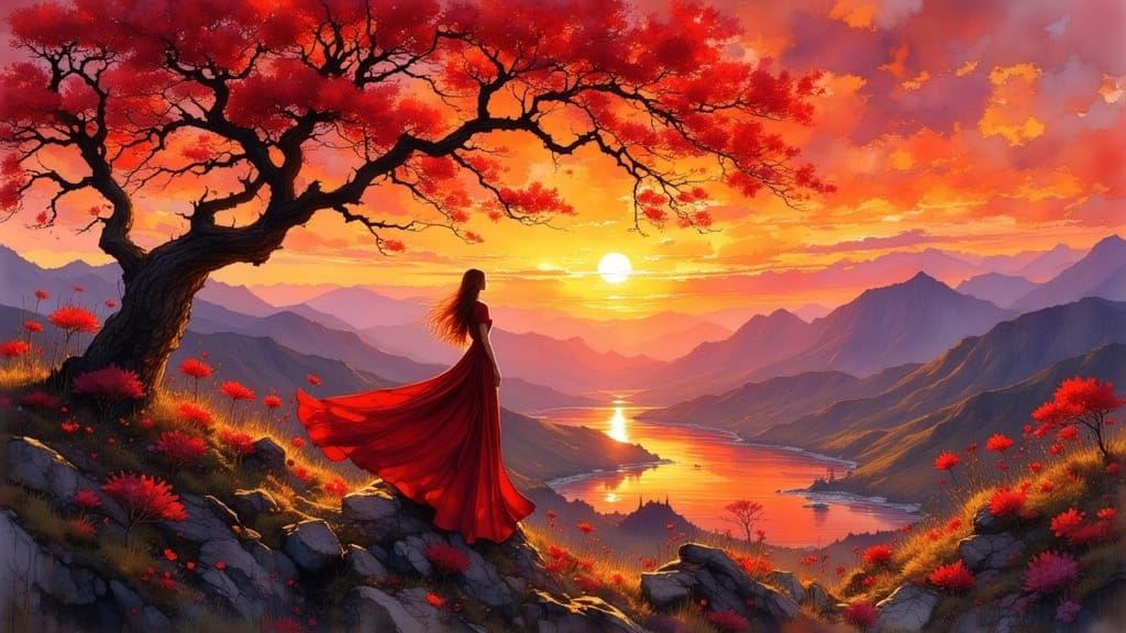 Fire Red Unicorn and Blossoms in Impressionistic Style