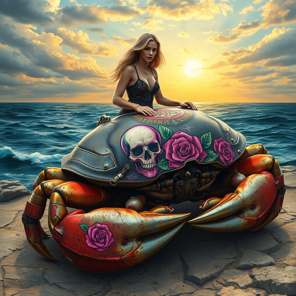 Steampunk Woman Rides Giant Graffiti Crab