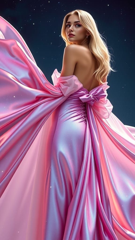 Woman in Cosmic Silk Gown with Twinkling Stars