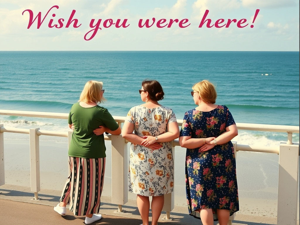 Postcard with a picture of 3 fat ladies leaning over the Promenade railings looking at the sea 'Wish you were here "