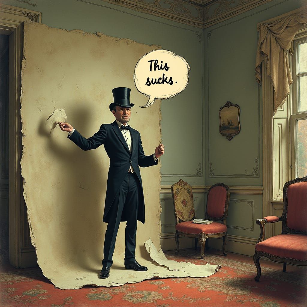 Victorian Gentleman Removes Wallpaper with Frustrated Expres...