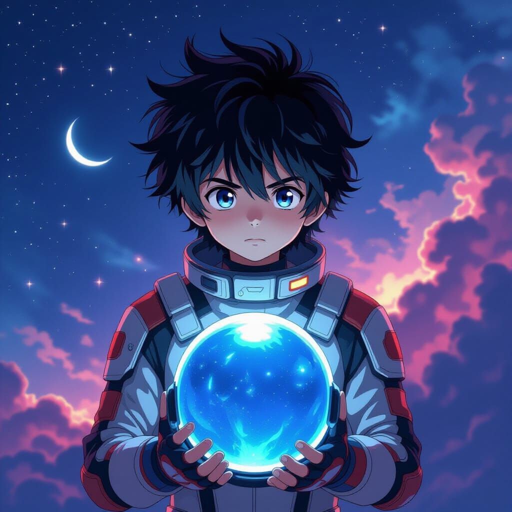 Anime Boy with Glowing Helmet in Cosmic Galaxy