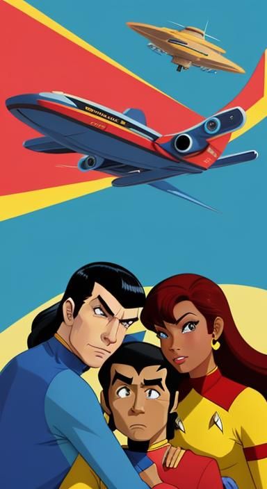 Captain Kirk, Spock, and Uhura Embrace in Vibrant Cartoon St...