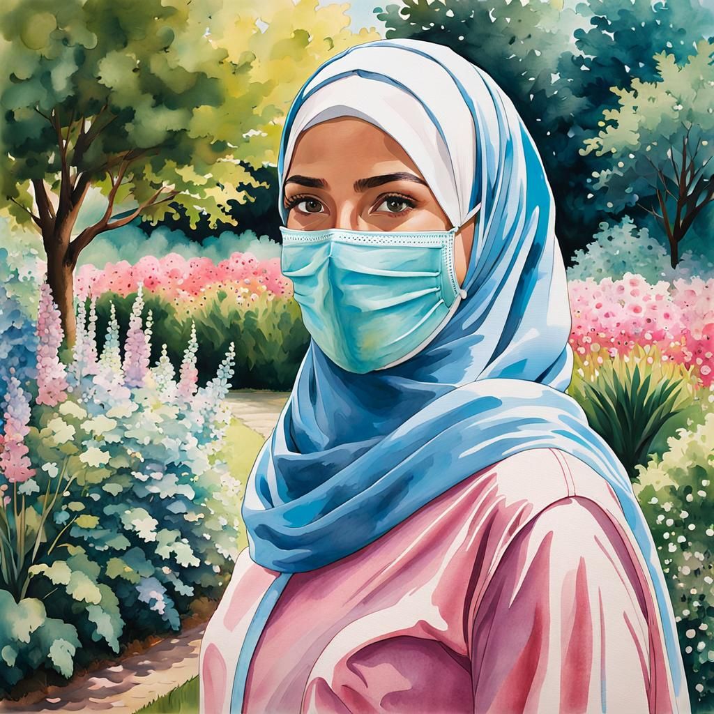 Stylish Hijabi Woman in Botanic Garden, Watercolor Portrait