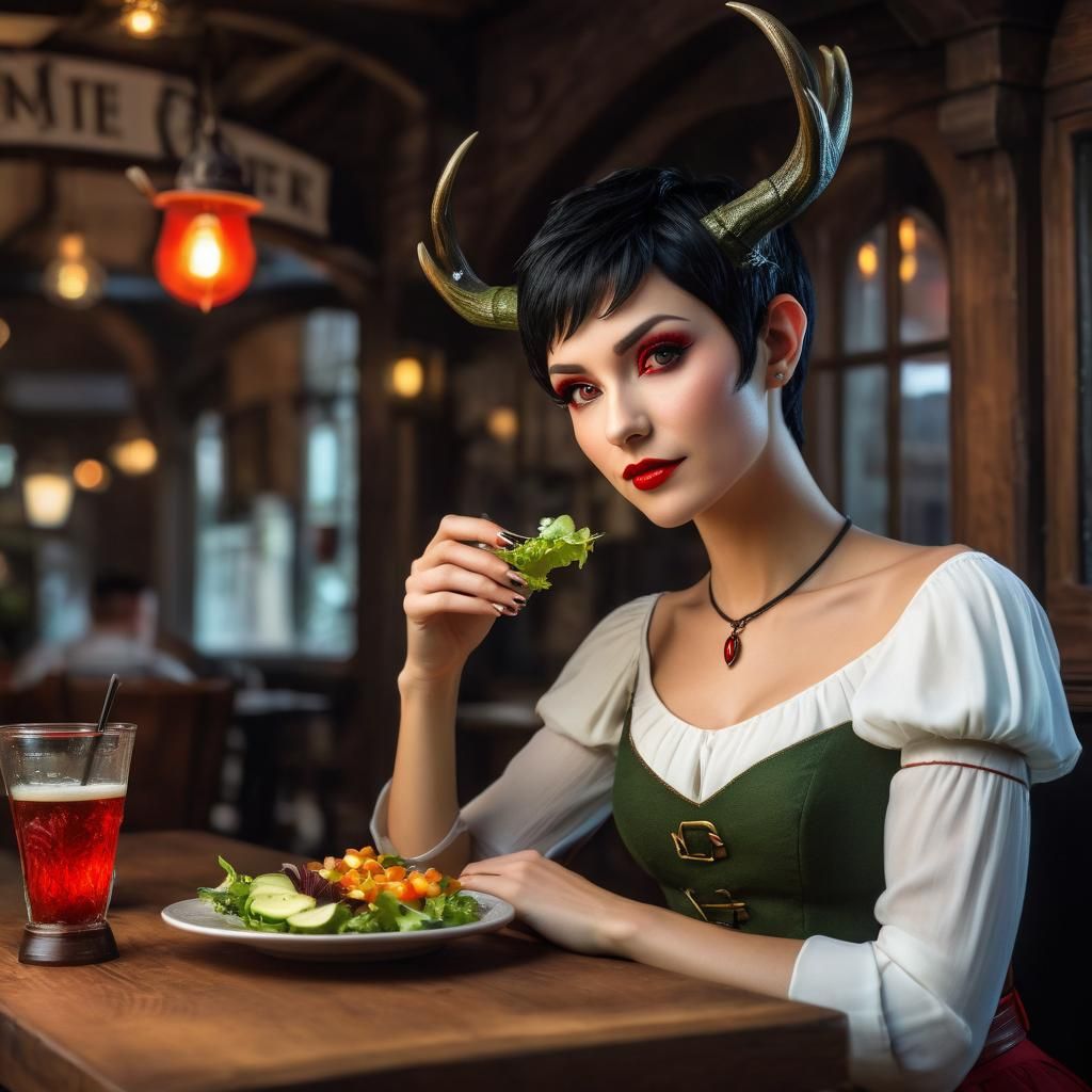 Fae Woman and Monster at Bistro Lunch