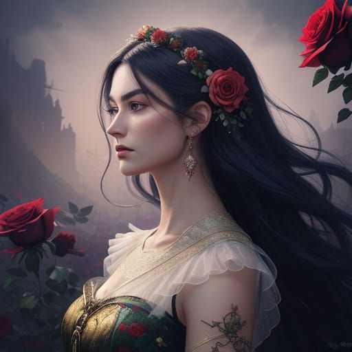 Ethereal Woman With Vibrant Roses in Dramatic Light