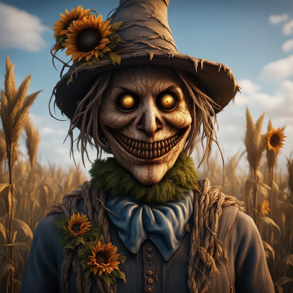 Friendly Human-Faced Scarecrow in Detailed Matte Painting