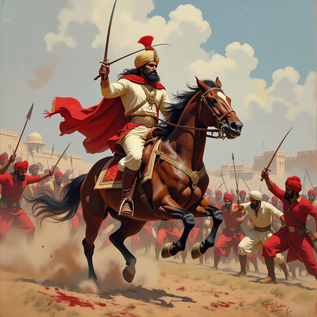 Maharana Pratap's Horse Chetak Leaps to Safety: Oil Painting