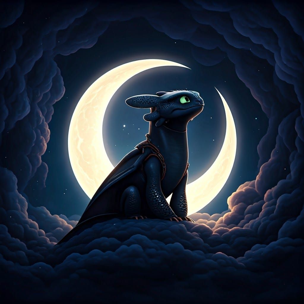 Majestic Night Fury Dragon Under Crescent Moon