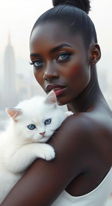 Abstract Ebony Woman with Cat in White Cityscape