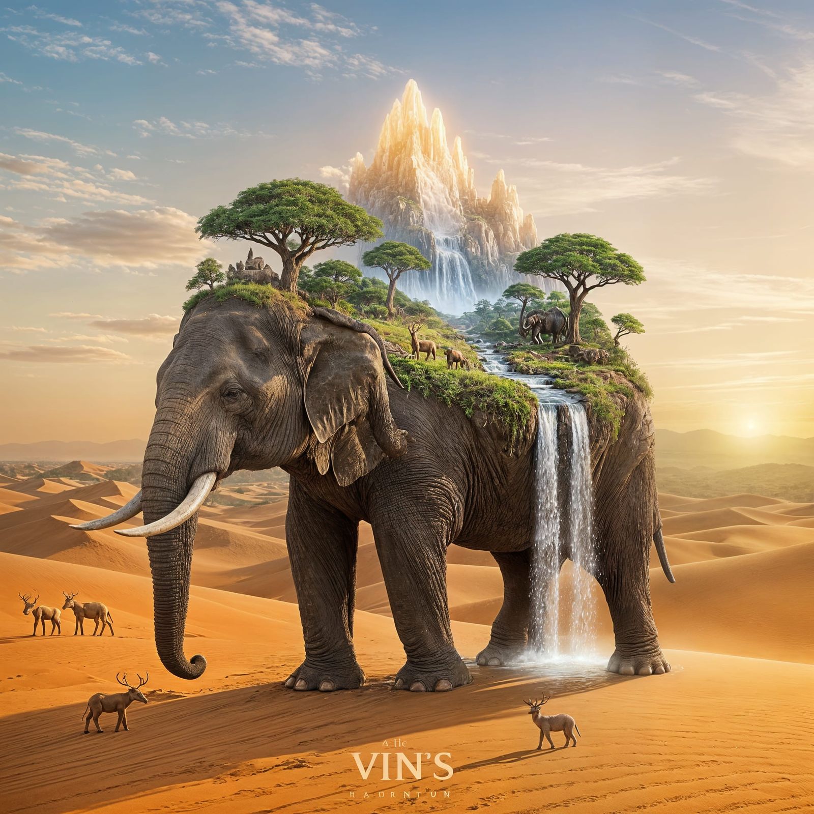 Ancient Elephant with Forest Ecosystem in Golden Desert