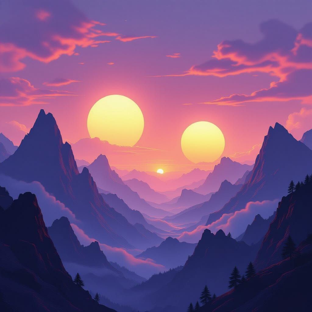Twin Suns Set Over Jagged Mountains in Dreamy Hues