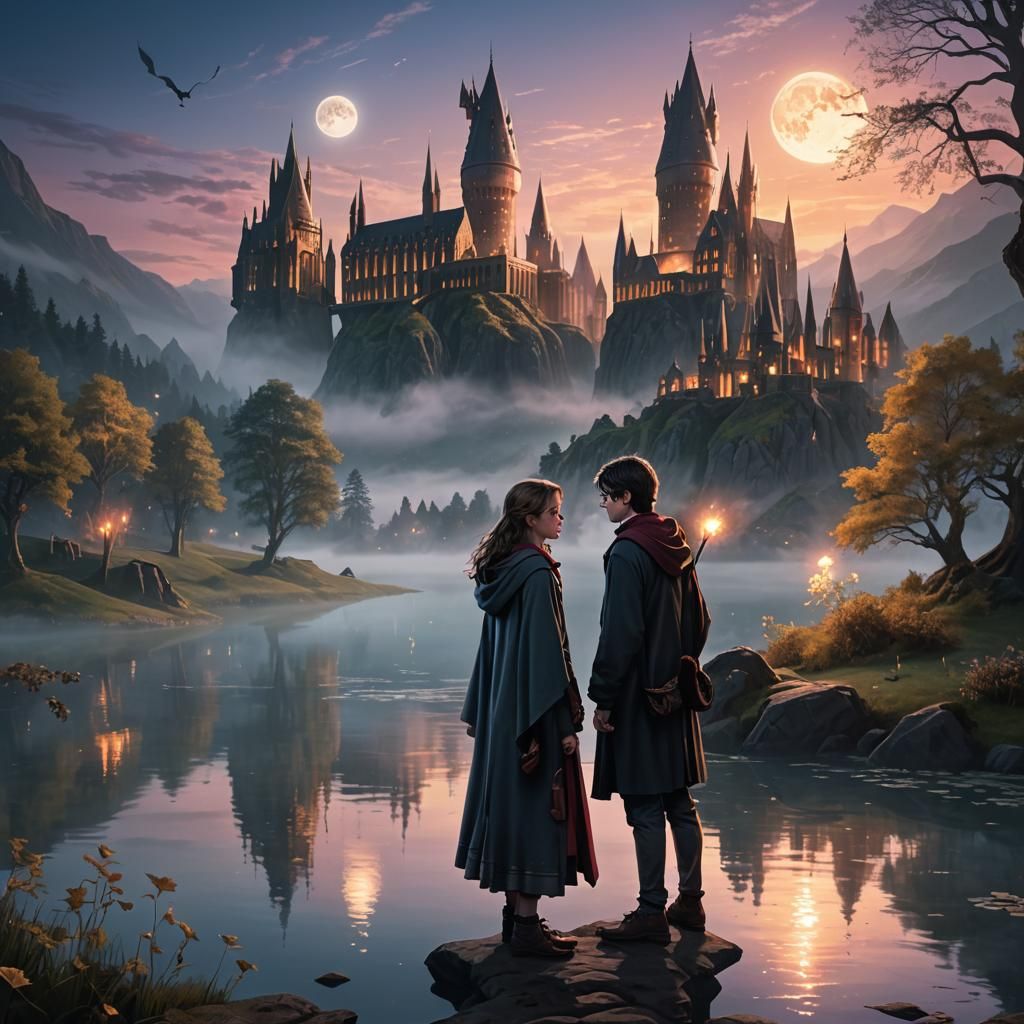 Wizards at Hogwarts Lake: 3D Anime Art