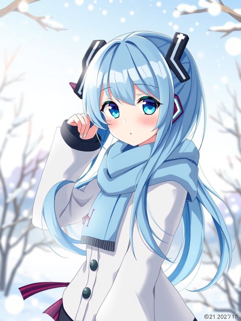 Anime Style Winter Girl with Blue Hair and Eyes