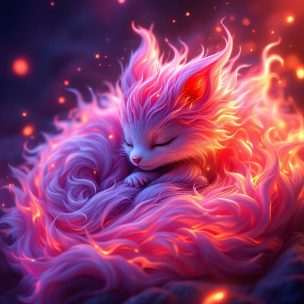 Baby Kitsune Creature Made of Flames in Fantasy Art Style