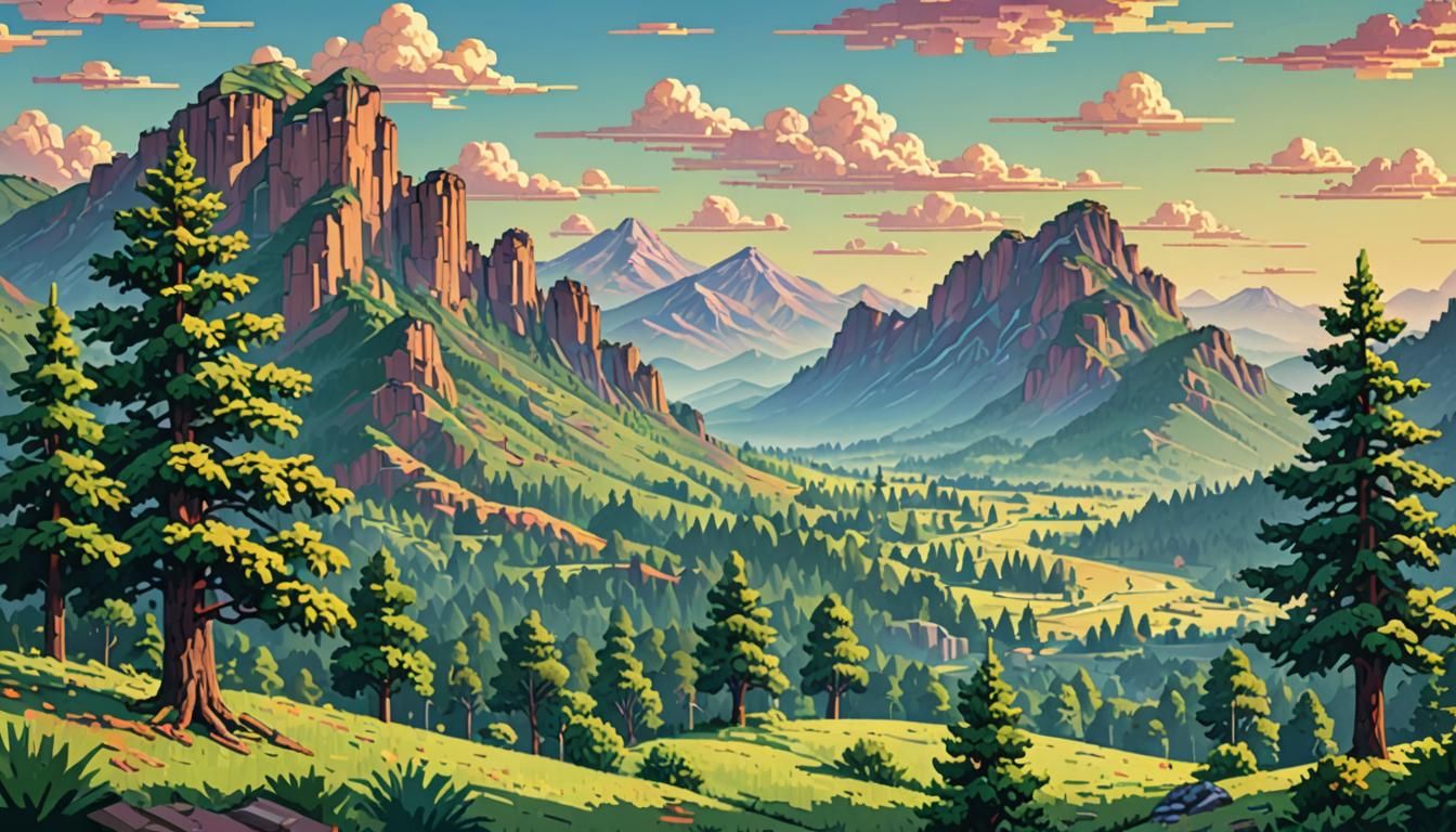 Pixel Art Landscape with Mountains and Trees