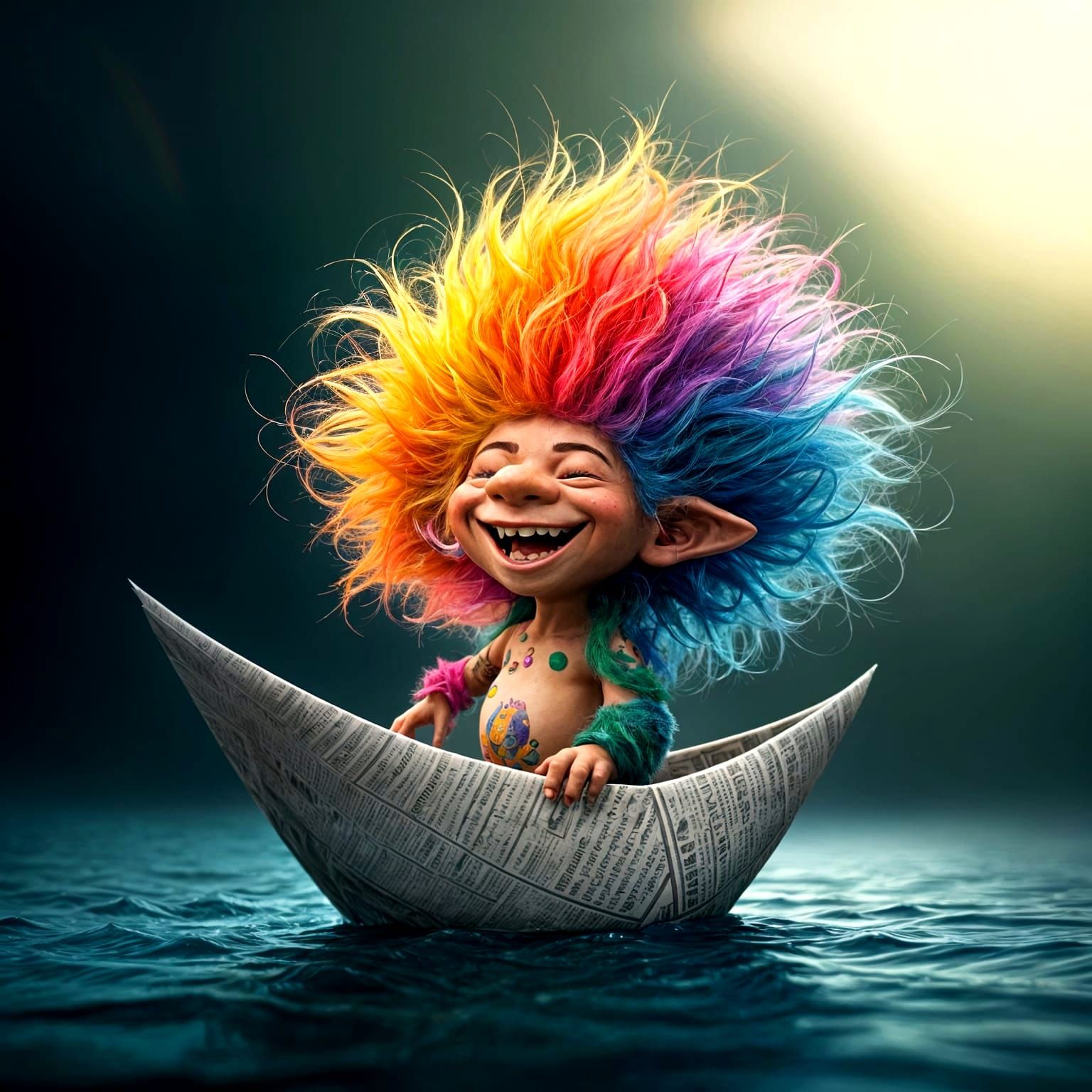 Tiny Laughing Troll Sailing on Newspaper