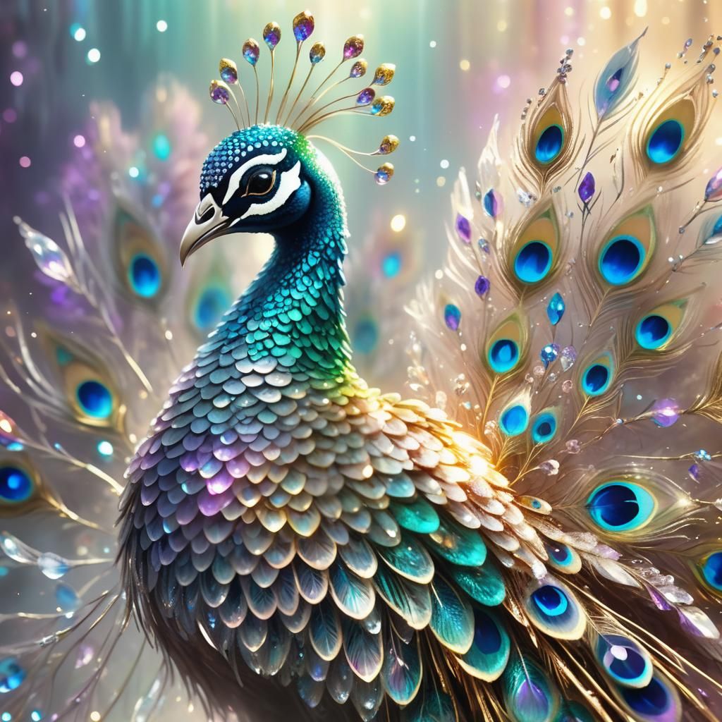 Crystal Peacock in Misty Fantasy Landscape